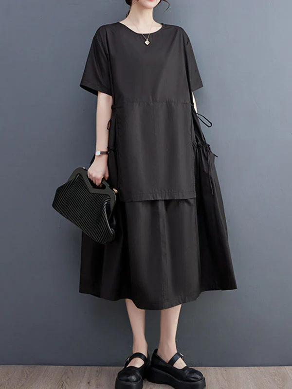 Loose Short Sleeves Solid Color Split-Joint Round-Neck Midi Dresses - Image 6