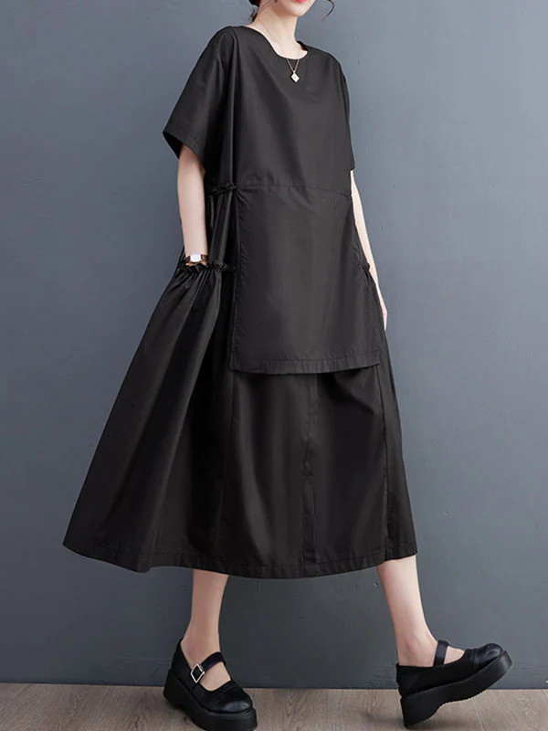 Loose Short Sleeves Solid Color Split-Joint Round-Neck Midi Dresses - Image 7