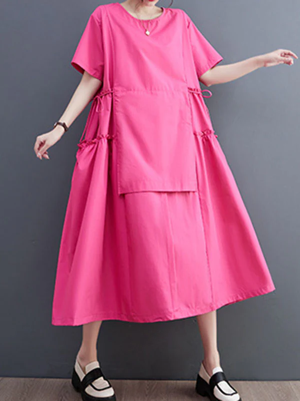 Loose Short Sleeves Solid Color Split-Joint Round-Neck Midi Dresses - Image 8