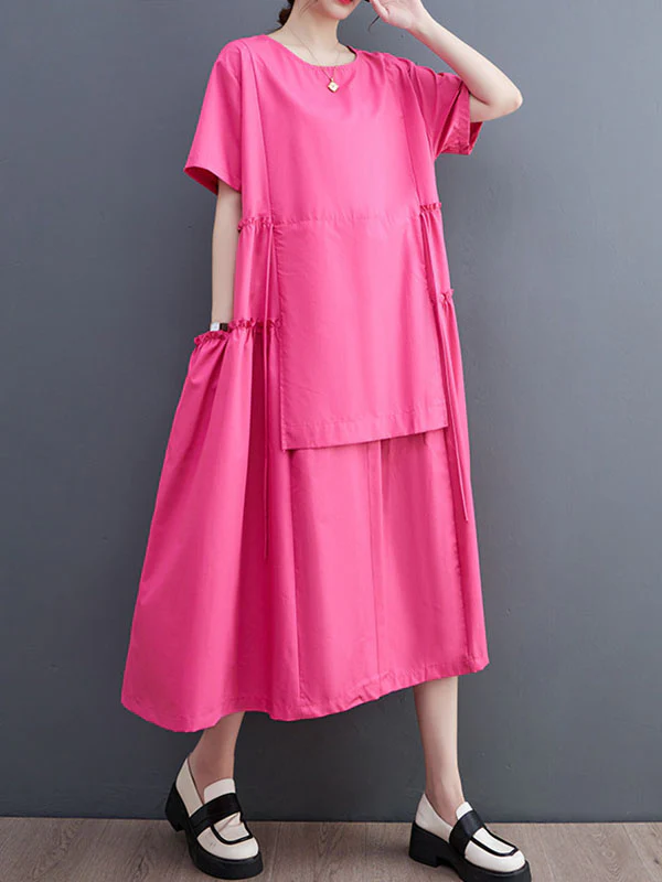 Loose Short Sleeves Solid Color Split-Joint Round-Neck Midi Dresses - Image 9