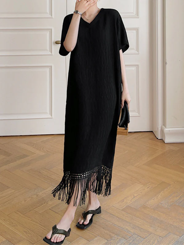 Loose Short Sleeves Solid Color Split-Joint Tasseled V-Neck Midi Dresses - Image 10