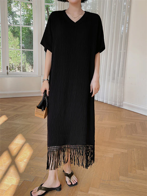 Loose Short Sleeves Solid Color Split-Joint Tasseled V-Neck Midi Dresses - Image 2
