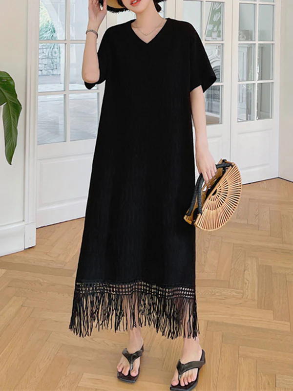 Loose Short Sleeves Solid Color Split-Joint Tasseled V-Neck Midi Dresses - Image 3