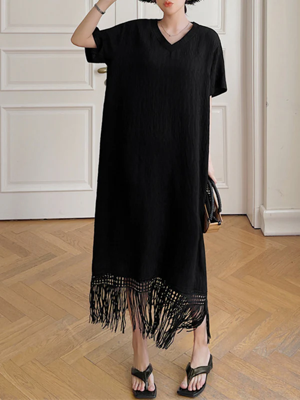 Loose Short Sleeves Solid Color Split-Joint Tasseled V-Neck Midi Dresses - Image 4