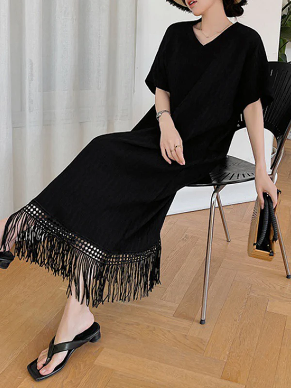 Loose Short Sleeves Solid Color Split-Joint Tasseled V-Neck Midi Dresses - Image 5