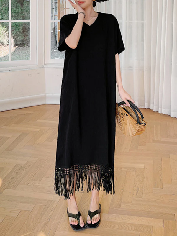 Loose Short Sleeves Solid Color Split-Joint Tasseled V-Neck Midi Dresses - Image 7