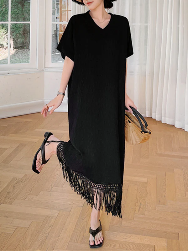 Loose Short Sleeves Solid Color Split-Joint Tasseled V-Neck Midi Dresses - Image 8
