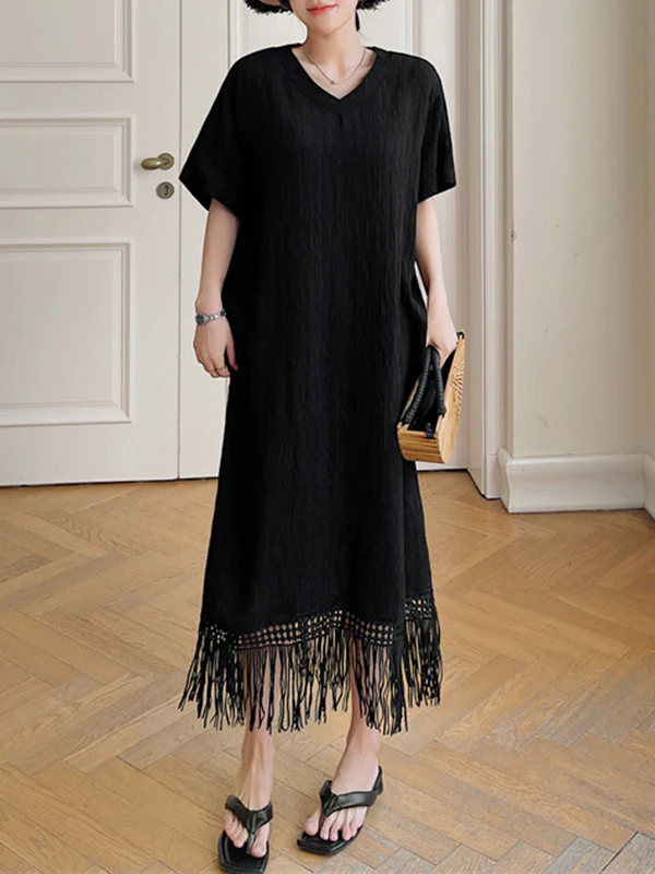 Loose Short Sleeves Solid Color Split-Joint Tasseled V-Neck Midi Dresses - Image 9