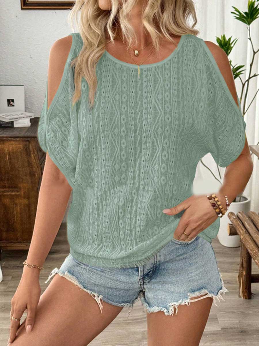 Loose Short Sleeves Solid Color Split-Joint Textured Cold Shoulder Blouses&Shirts Tops - Image 10