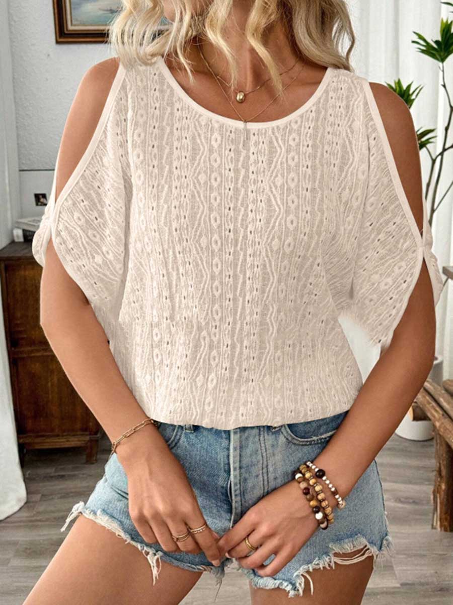 Loose Short Sleeves Solid Color Split-Joint Textured Cold Shoulder Blouses&Shirts Tops - Image 11