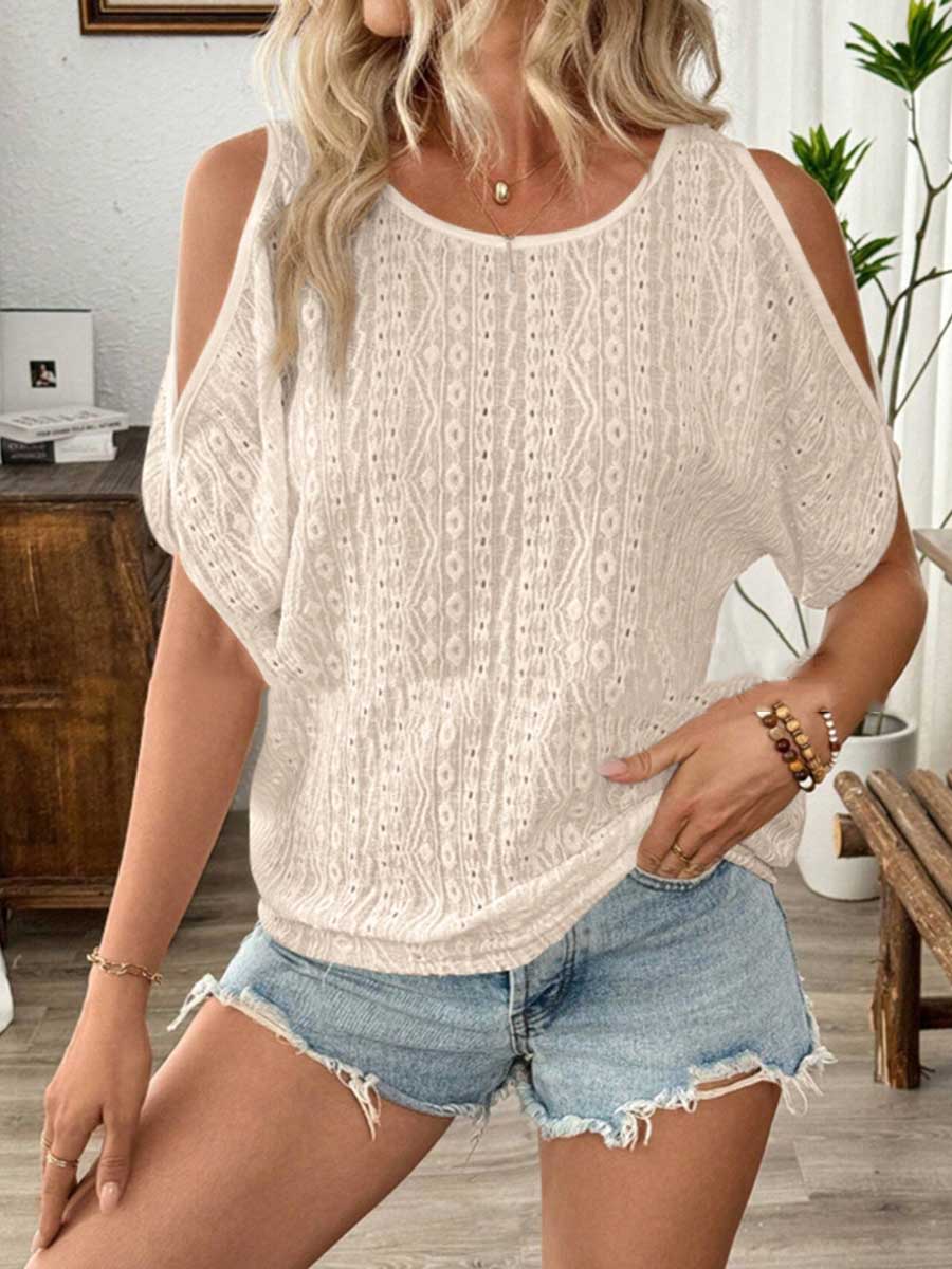 Loose Short Sleeves Solid Color Split-Joint Textured Cold Shoulder Blouses&Shirts Tops - Image 12