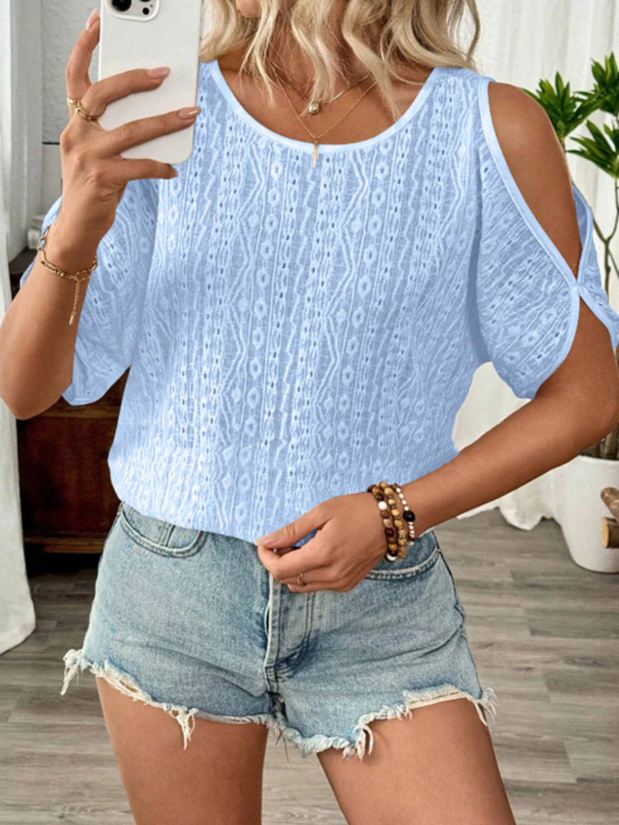 Loose Short Sleeves Solid Color Split-Joint Textured Cold Shoulder Blouses&Shirts Tops - Image 16