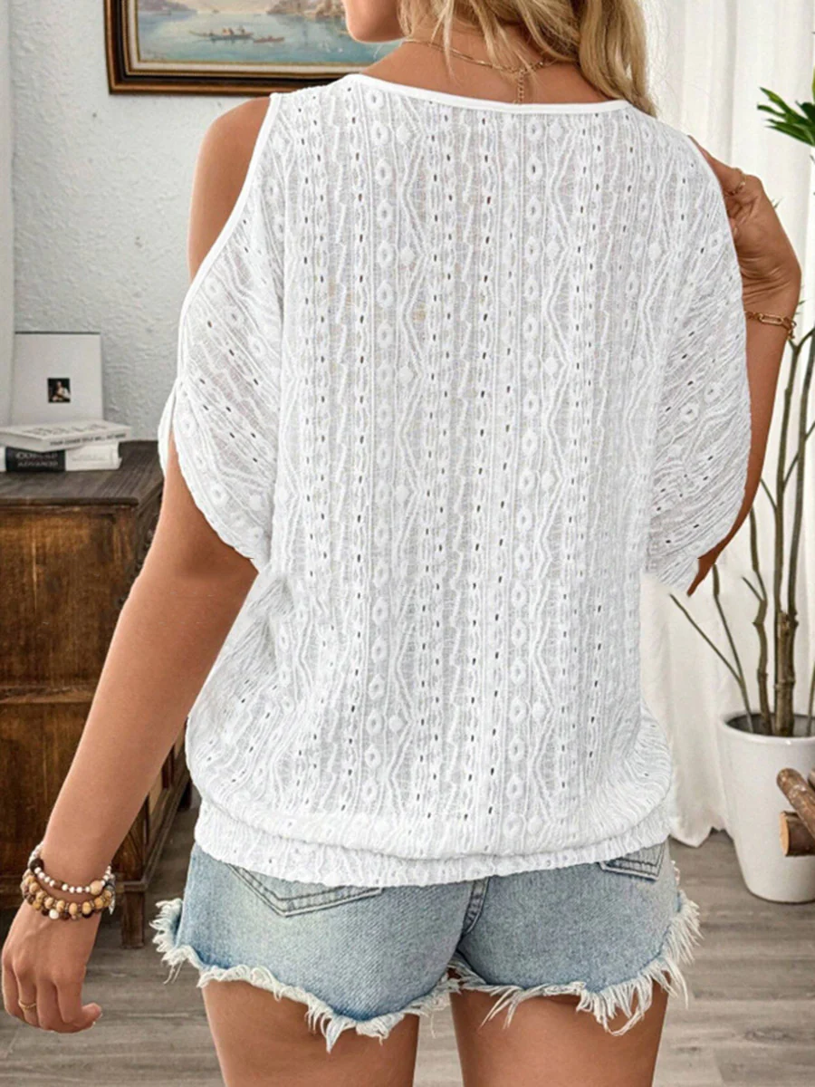 Loose Short Sleeves Solid Color Split-Joint Textured Cold Shoulder Blouses&Shirts Tops - Image 4
