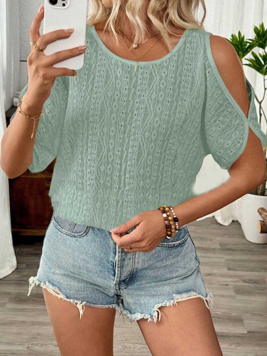 Loose Short Sleeves Solid Color Split-Joint Textured Cold Shoulder Blouses&Shirts Tops - Image 9