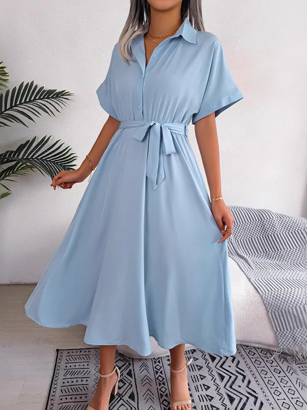 Loose Short Sleeves Solid Color Split-Joint Tied Waist Lapel Midi Dresses Shirt Dress - Image 2