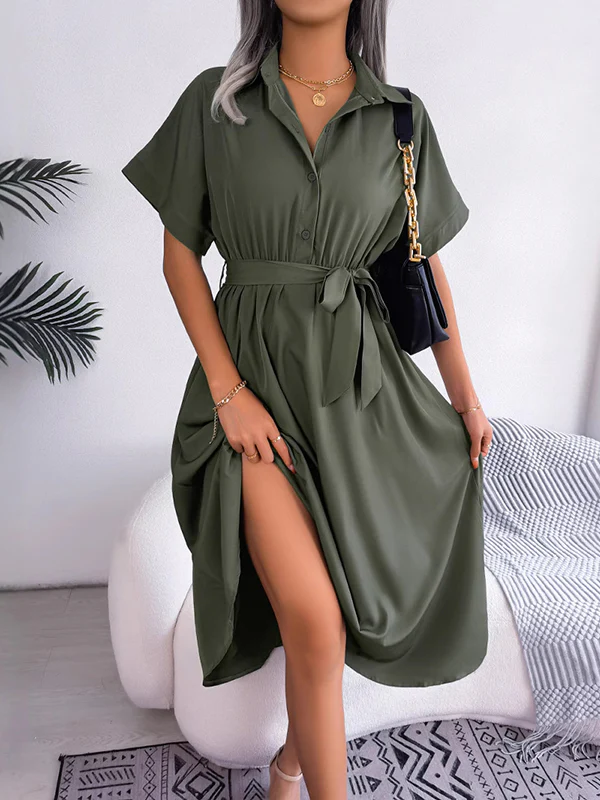 Loose Short Sleeves Solid Color Split-Joint Tied Waist Lapel Midi Dresses Shirt Dress - Image 3