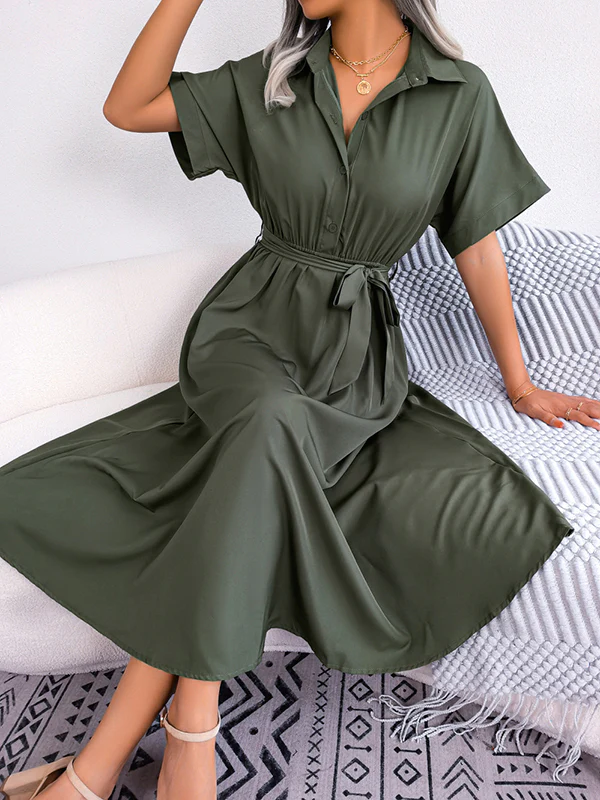 Loose Short Sleeves Solid Color Split-Joint Tied Waist Lapel Midi Dresses Shirt Dress - Image 4