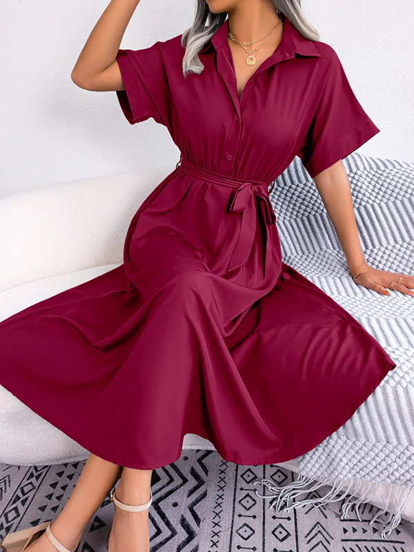 Loose Short Sleeves Solid Color Split-Joint Tied Waist Lapel Midi Dresses Shirt Dress - Image 5