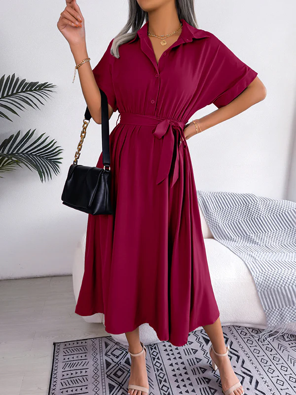 Loose Short Sleeves Solid Color Split-Joint Tied Waist Lapel Midi Dresses Shirt Dress - Image 6