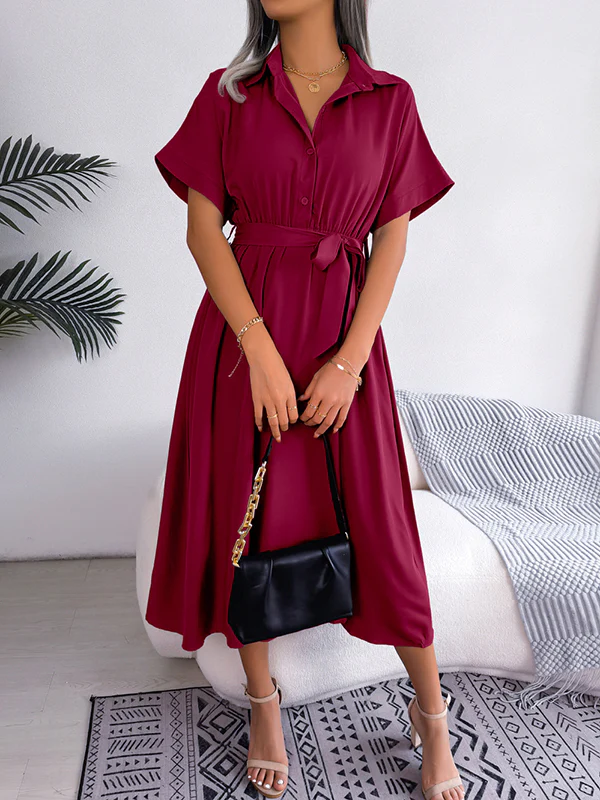 Loose Short Sleeves Solid Color Split-Joint Tied Waist Lapel Midi Dresses Shirt Dress - Image 7