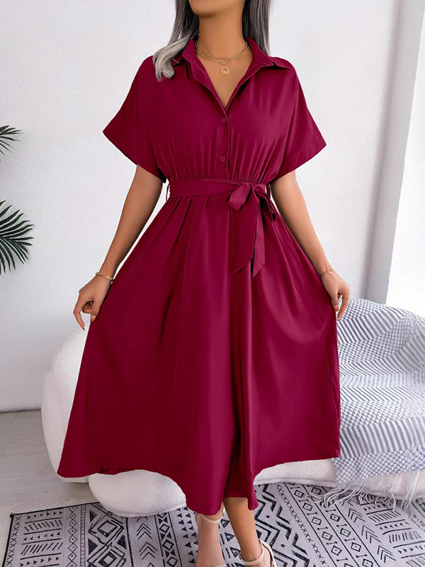 Loose Short Sleeves Solid Color Split-Joint Tied Waist Lapel Midi Dresses Shirt Dress - Image 8
