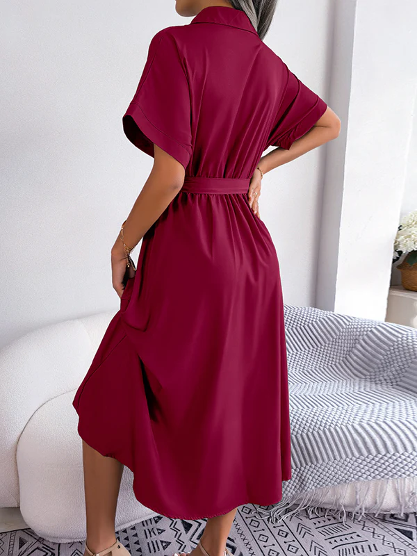 Loose Short Sleeves Solid Color Split-Joint Tied Waist Lapel Midi Dresses Shirt Dress - Image 9