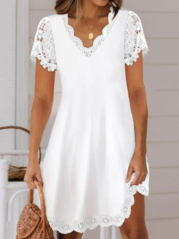 Loose Short Sleeves Solid Color Split-Joint V-Neck Mini Dresses - Image 2