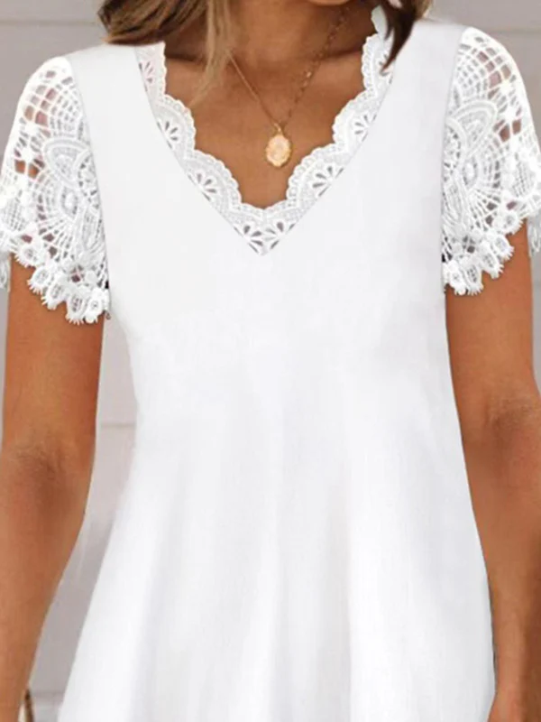 Loose Short Sleeves Solid Color Split-Joint V-Neck Mini Dresses - Image 3