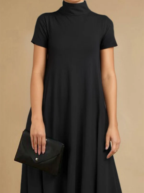 Loose Short Sleeves Solid Color Stand Collar Maxi Dresses - Image 2