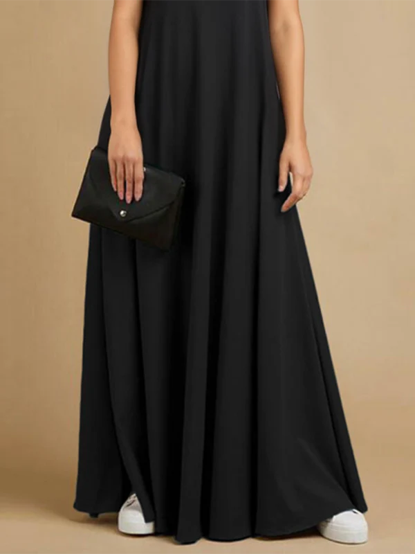 Loose Short Sleeves Solid Color Stand Collar Maxi Dresses - Image 3