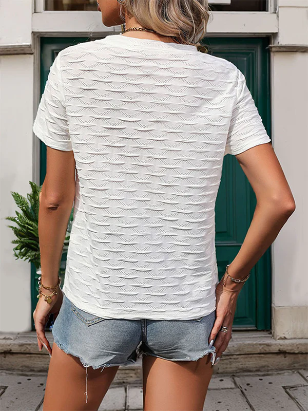 Loose Short Sleeves Solid Color Textured Round-Neck T-Shirts Tops - Image 5