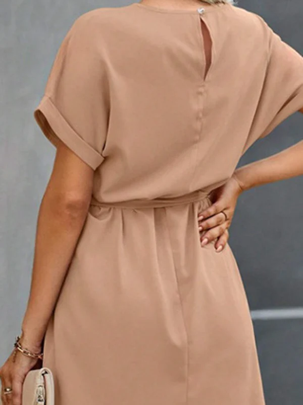 Loose Short Sleeves Solid Color Tied Waist Round-Neck Mini Dresses - Image 10