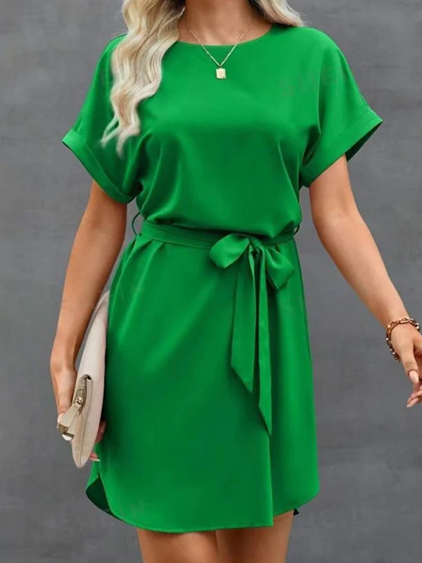 Loose Short Sleeves Solid Color Tied Waist Round-Neck Mini Dresses - Image 2