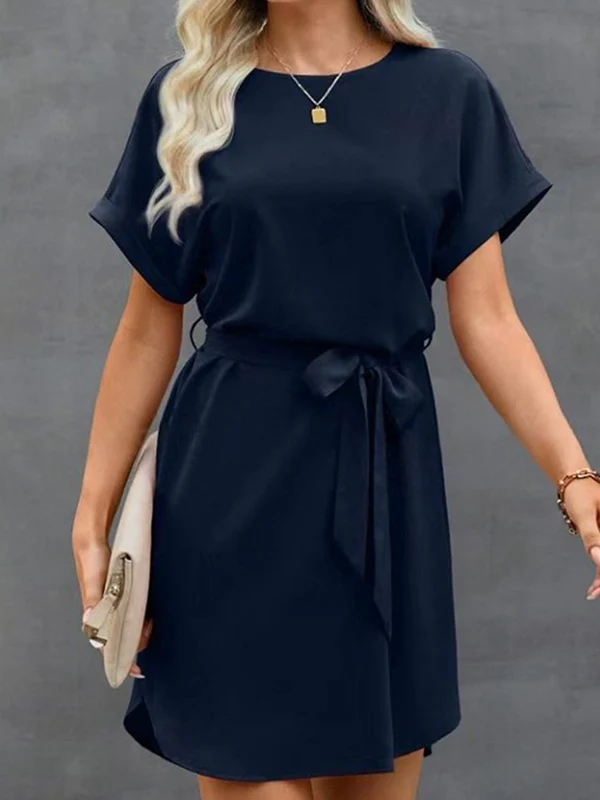 Loose Short Sleeves Solid Color Tied Waist Round-Neck Mini Dresses - Image 3