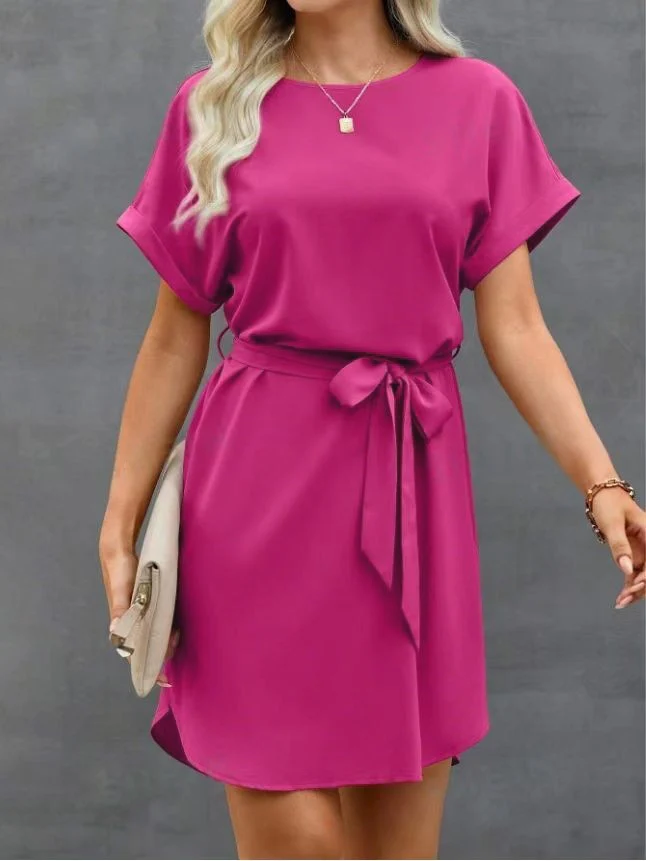 Loose Short Sleeves Solid Color Tied Waist Round-Neck Mini Dresses - Image 4