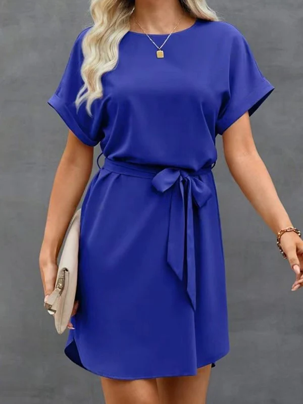 Loose Short Sleeves Solid Color Tied Waist Round-Neck Mini Dresses - Image 5