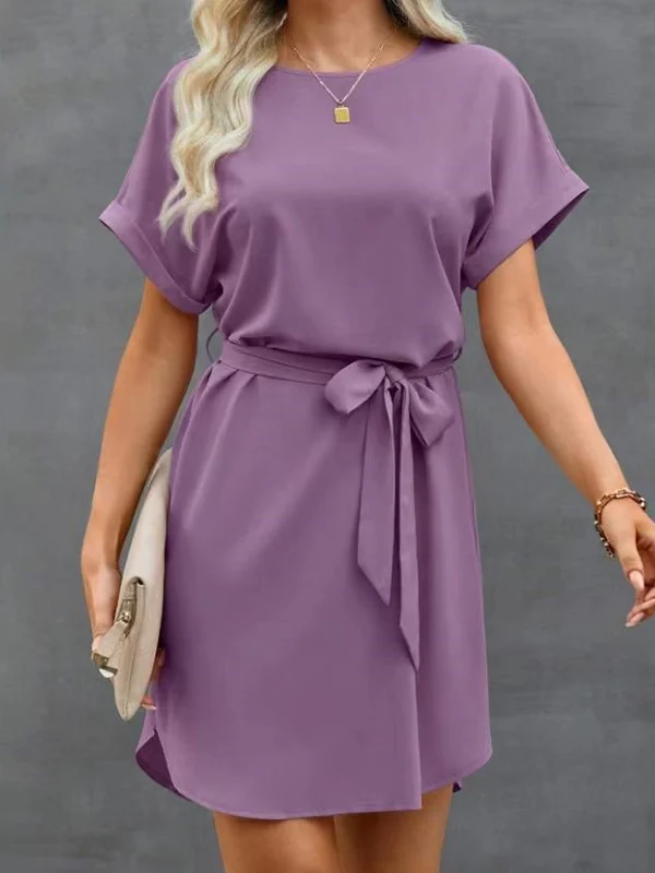 Loose Short Sleeves Solid Color Tied Waist Round-Neck Mini Dresses - Image 6
