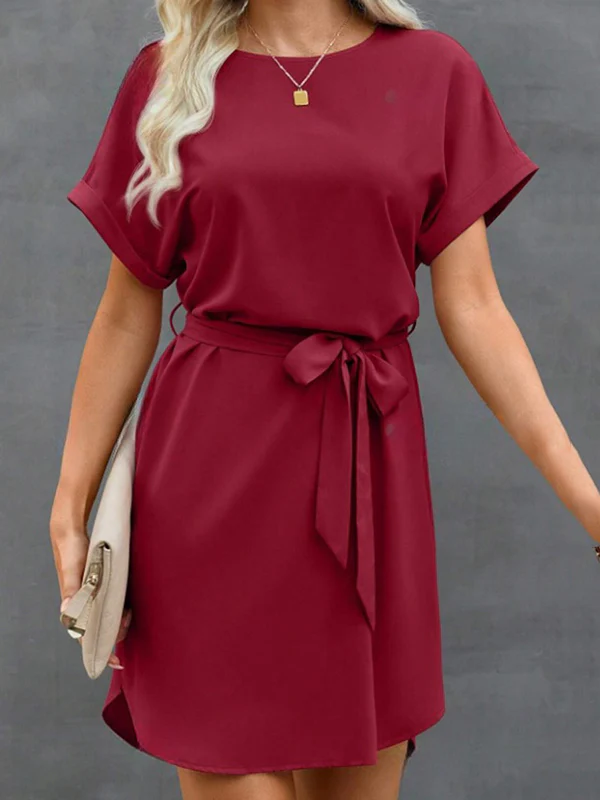 Loose Short Sleeves Solid Color Tied Waist Round-Neck Mini Dresses - Image 7