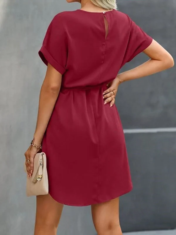 Loose Short Sleeves Solid Color Tied Waist Round-Neck Mini Dresses - Image 8
