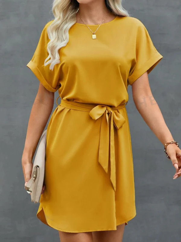 Loose Short Sleeves Solid Color Tied Waist Round-Neck Mini Dresses - Image 9