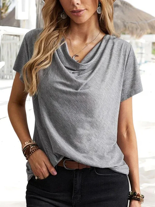Loose Short Sleeves Solid Color U-Neck T-Shirts Tops - Image 2