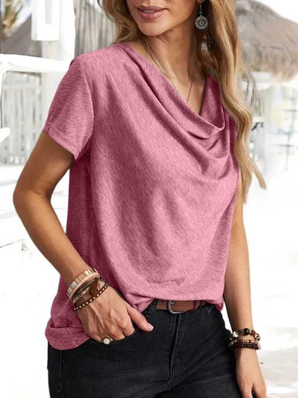 Loose Short Sleeves Solid Color U-Neck T-Shirts Tops - Image 6