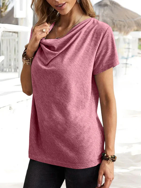 Loose Short Sleeves Solid Color U-Neck T-Shirts Tops - Image 7
