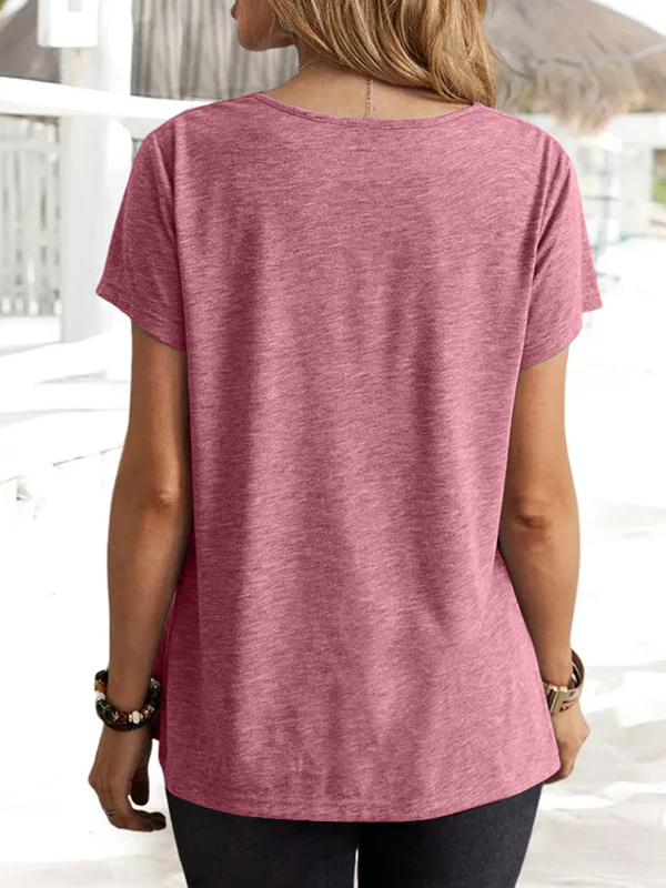 Loose Short Sleeves Solid Color U-Neck T-Shirts Tops - Image 8