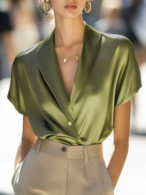 Loose Short Sleeves Solid Color V-Neck Blouses&Shirts Tops - Image 2