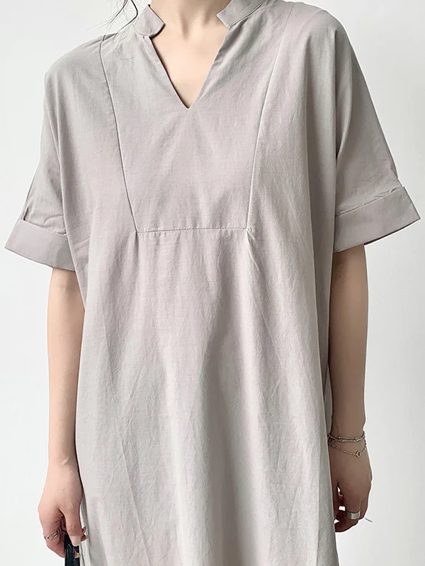 Loose Short Sleeves Solid Color V-Neck Maxi Dresses - Image 10