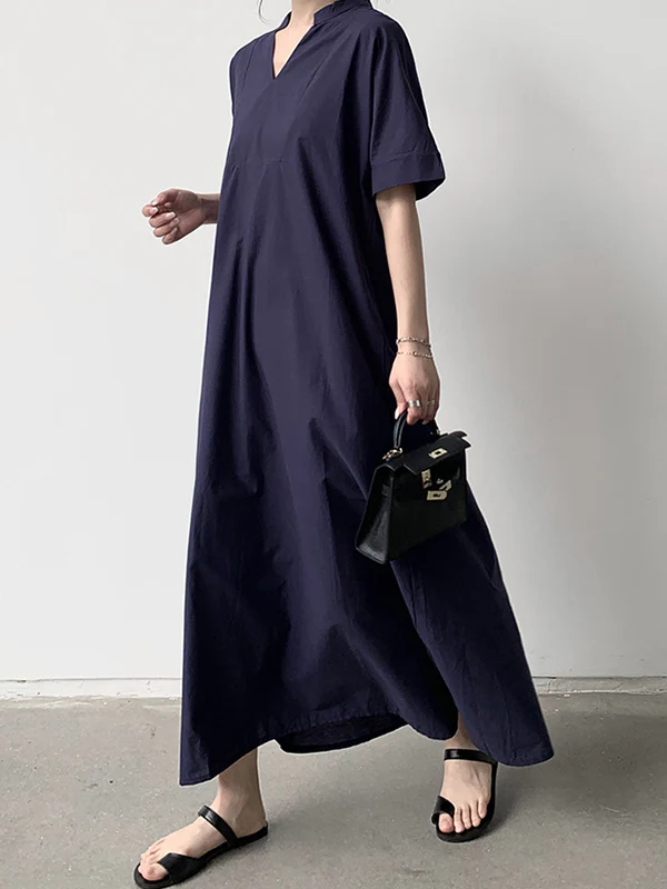 Loose Short Sleeves Solid Color V-Neck Maxi Dresses - Image 2