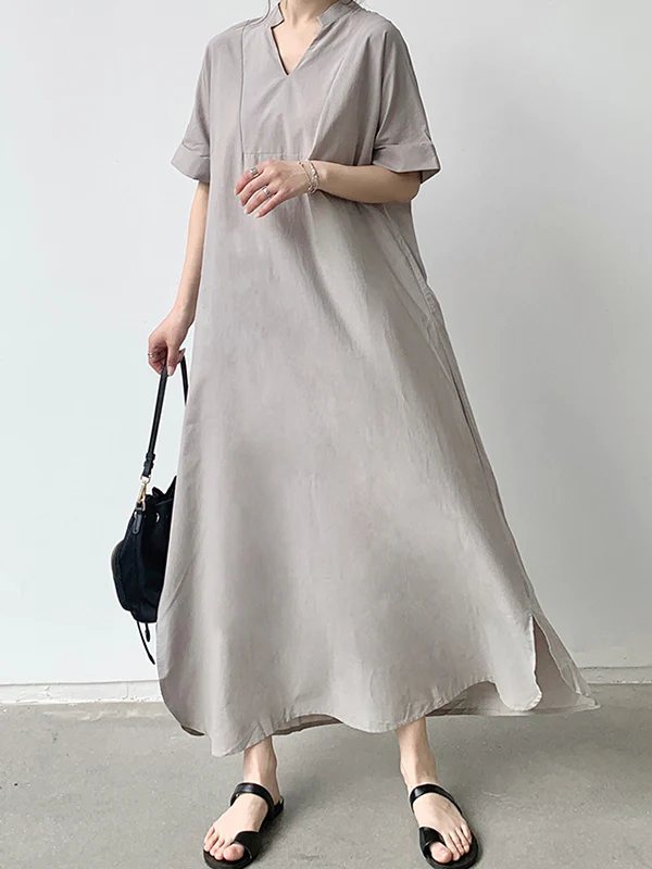 Loose Short Sleeves Solid Color V-Neck Maxi Dresses - Image 3