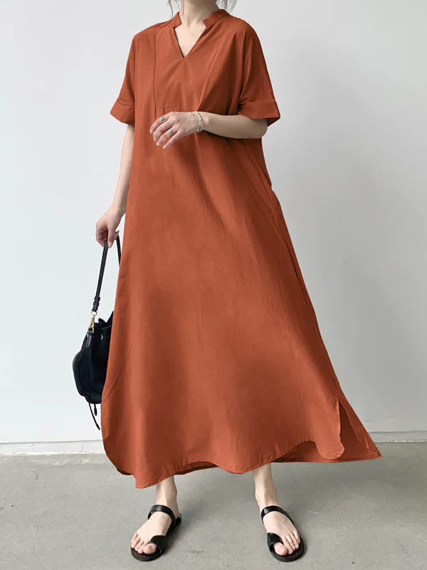 Loose Short Sleeves Solid Color V-Neck Maxi Dresses - Image 4