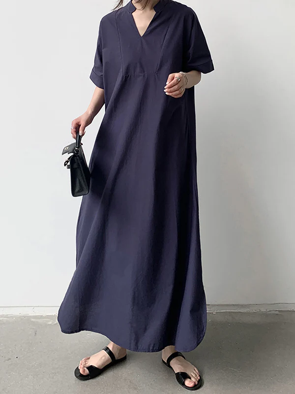 Loose Short Sleeves Solid Color V-Neck Maxi Dresses - Image 5